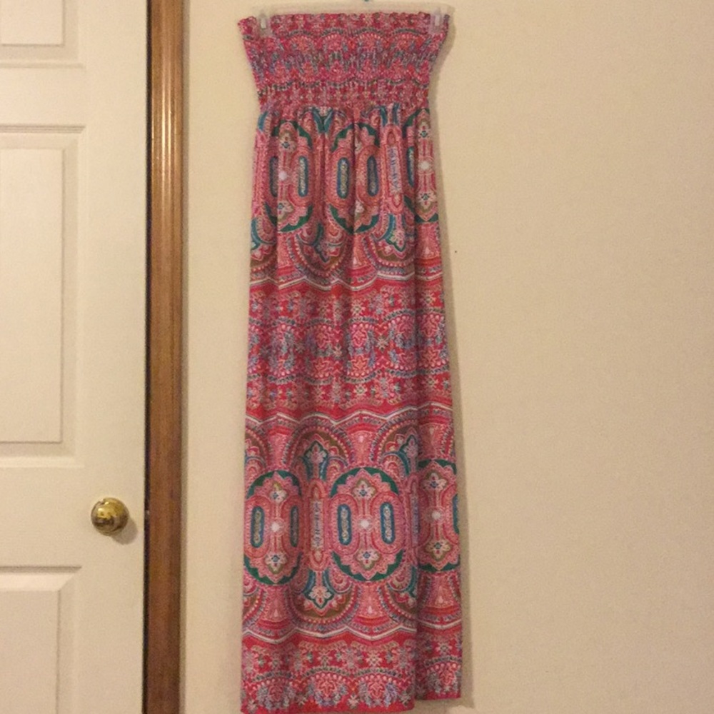 OP maxi length strapless dress.